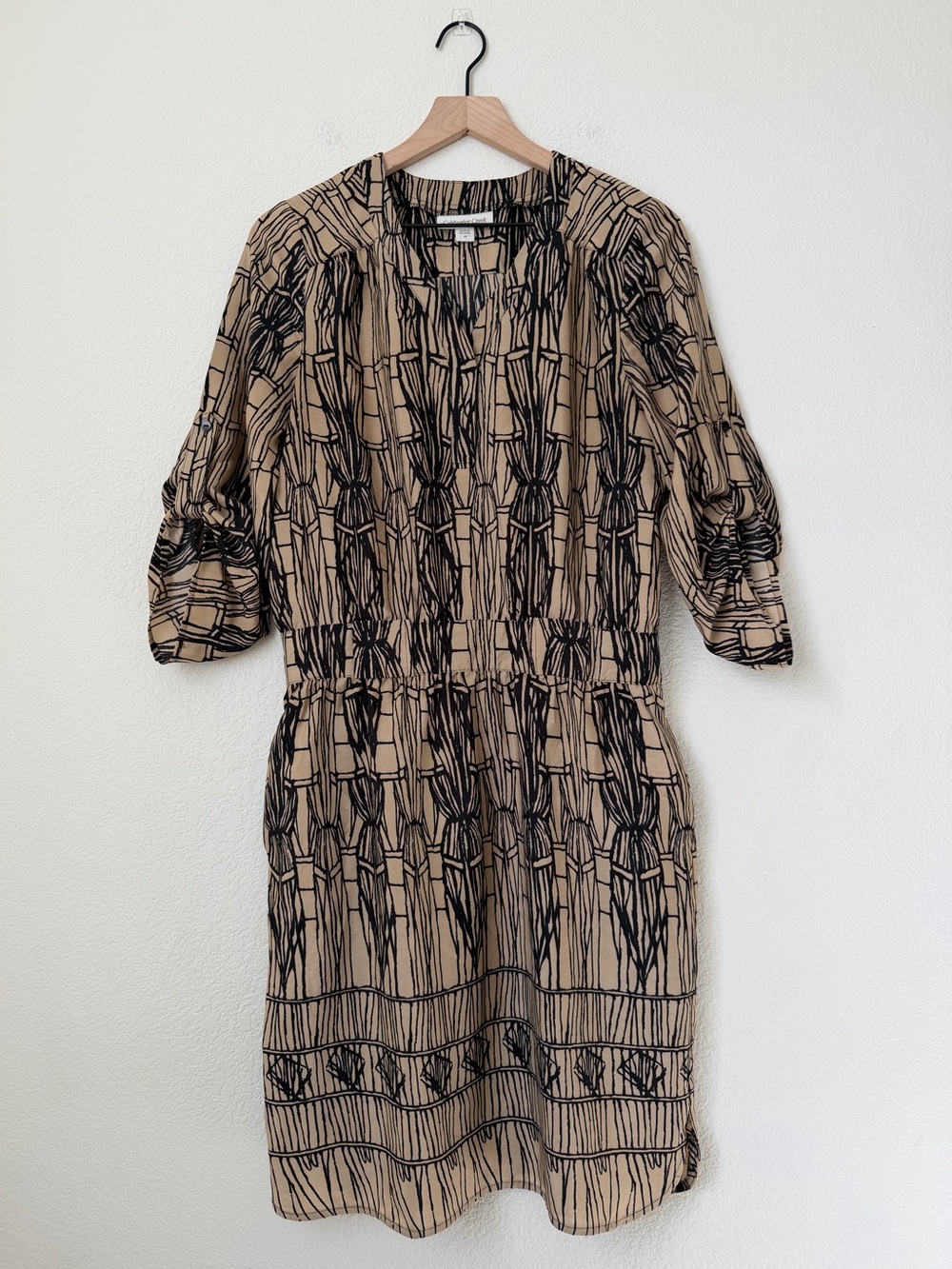 Coldwater Creek Tan and Black Geometric Abstract Graphic Print Dress Size 10